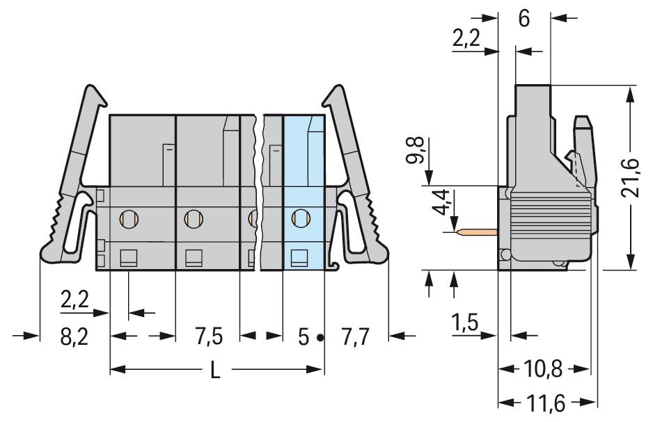 Tehnični diagram električnega stikala s podrobnimi meritvami v milimetrih, ki prikazuje dimenzije, razmik in razporeditev komponent.