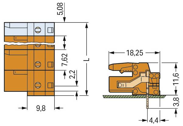 'Tehnični diagram električnega priključka. Levo: Sprednični pogled z dimenzijami. Desno: Stranski pogled, ki prikazuje podrobno notranjo strukturo in meritve.'