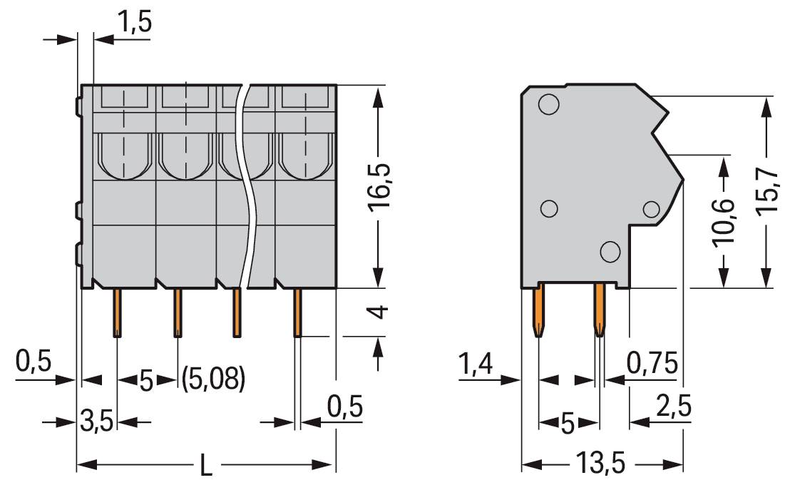 »Tehnični diagram električnega stikala, ki prikazuje dimenzije: L je 7,5 mm; druge ključne mere vključujejo 2,2 mm, 8,2 mm, 6 mm in 11,6 mm.«