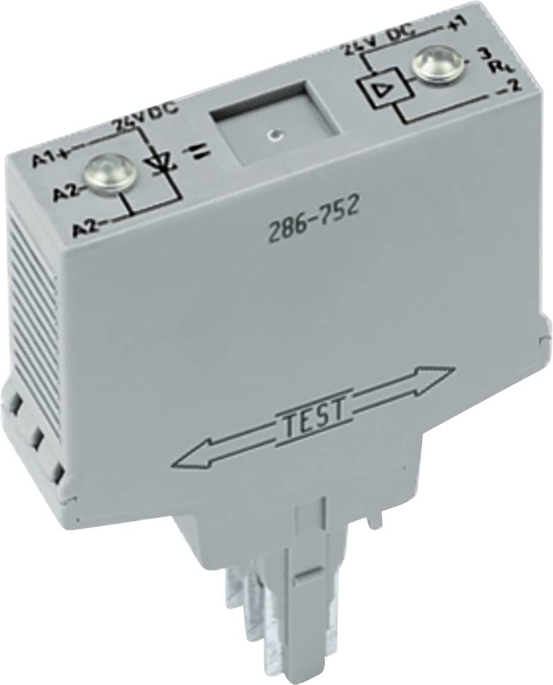 Siva elektronska komponenta z označenimi priključki in stikalom "TEST". Povezuje se na vezje, pri čemer so navedeni položaji za A1, A2 in 24V DC.