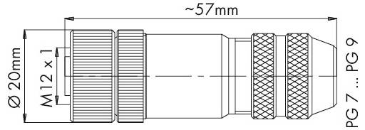 Tehnična risba valjastega priključka z dimenzijami: dolžina 57 mm, premer 20 mm, nit M12x1, primerna za PG 7 do PG 9.
