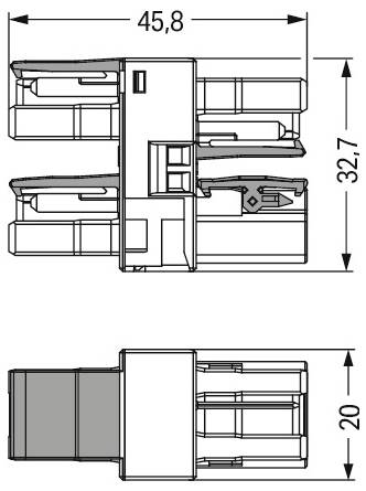 Tehnični diagram električnega priključnega kabla. Dimenzije priključka: 47mm širine, 69mm dolžine. Dolžina kabla označena z »L«, s petimi vodniki, ki se raztezajo 55mm, in vodniki, ki so med seboj oddaljeni 9,8mm.