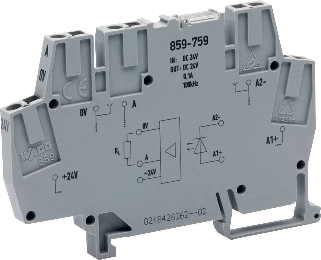 Siva priključna sponka WAGO 859-759 za električne sisteme, označena z "DC 24V". Prikazuje diagrame vhoda/izhoda in indikatorje napetosti/toka.