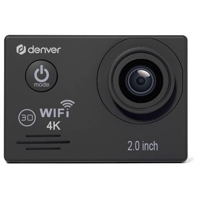 Kompaktna akcijska kamera z oznako 'denver', s širokokotnim objektivom, gumbom za način, ter oznakama 'WiFi 4K' in '2.0 inch' na sprednjem delu.