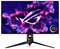 Monitorja za igranje, ki prikazuje živahne neonske grafike z logotipom v sredini in 'ASUS OLED' branding na strani, na futuristični stojali.