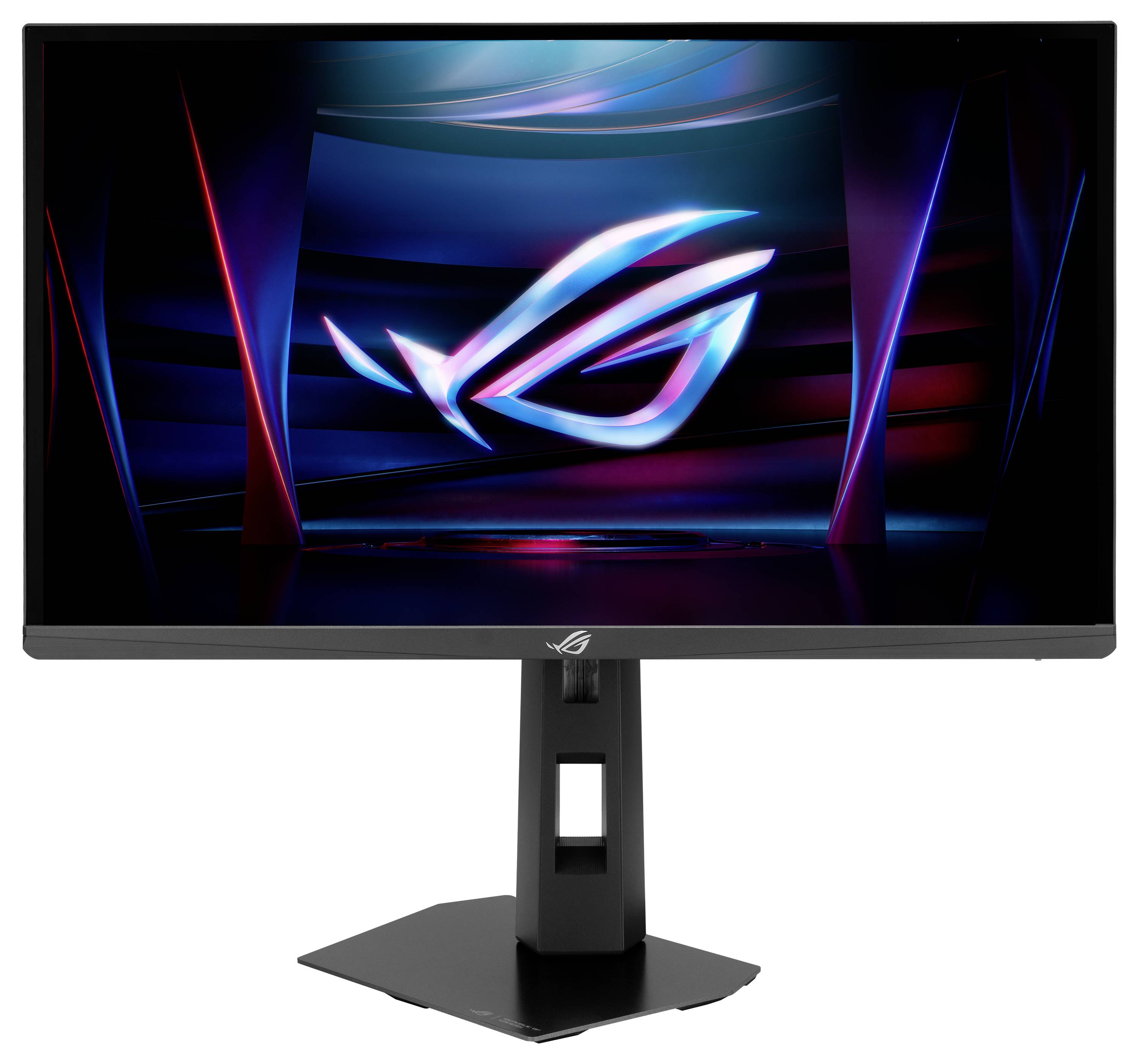Eleganten gaming monitor s futuristično logotipo na zaslonu, s pomočjo za prilagajanje višine s kotiasto in sodobnim oblikovalskim pristopom.