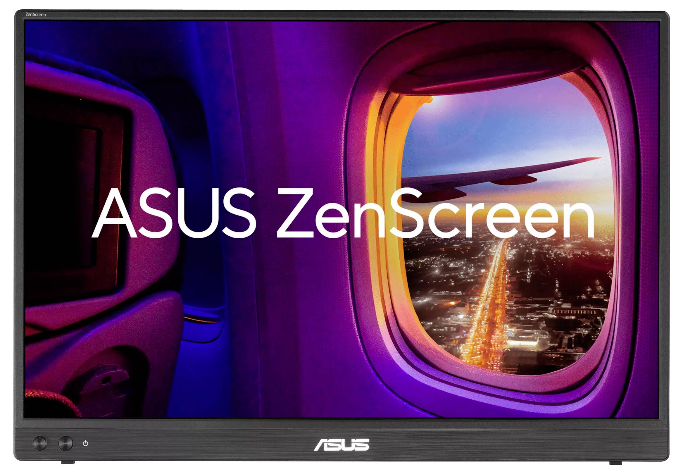 Zaslon "ASUS ZenScreen" prikazuje živahno sliko mestne krajine, gledano skozi okno letala, z barvitim nebom in mestnimi lučmi.