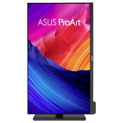 Monitor ASUS ProArt v navpični orientaciji s živahno abstraktno ozadje s vrtinčastimi rdečimi, rožnatimi, oranžnimi in modrimi odtenki.