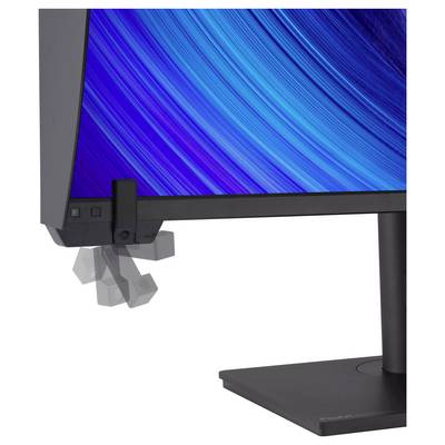 Eleganten črn namizni monitor z živahnim modrim zaslonom, ki prikazuje animacijo gestice drsenja in nakazuje možnosti zaslona na dotik.