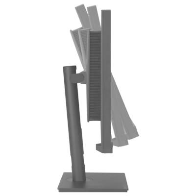 Računalniški monitor z nastavljivo funkcijo naklona je prikazan s strani in prikazuje njegov obseg gibanja za ergonomsko pozicioniranje.