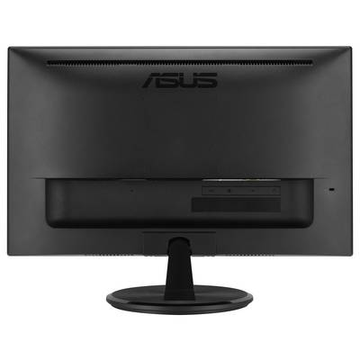 Črn monitor Asus se vidi od zadaj, prikazuje logotip blagovno znamke. Zasnova je elegantna s trdnim stojalom.