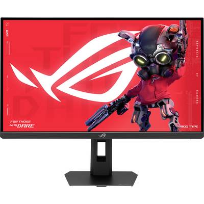 Igralni monitor prikazuje rdeč zaslon z robotskim likom, ki drži orožje. Vidna sta logotip 'ROG' in besedilo 'Za tiste, ki se upajo'.