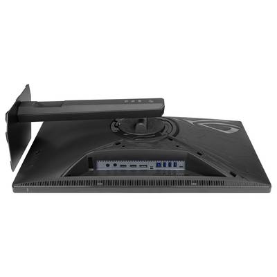 Pogled od zadaj računalniškega monitorja, ki prikazuje vhode, vključno z HDMI, DisplayPort, USB in vhodom za napajanje, s prilagodljivim stojalom.