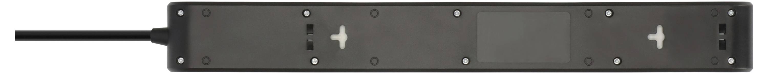 Črna razdelilna paska s štirimi vtičnicami, prikazana od zgoraj. Paska ima povezan električni kabel na levi strani.