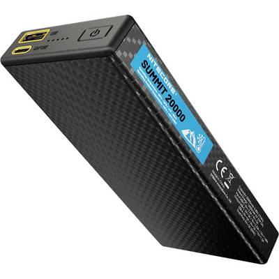 Prenosna črna powerbank z oznako 'Nitecore Summit 20000' ima USB vhode in gumb za vključitev, s teksturirano površino.