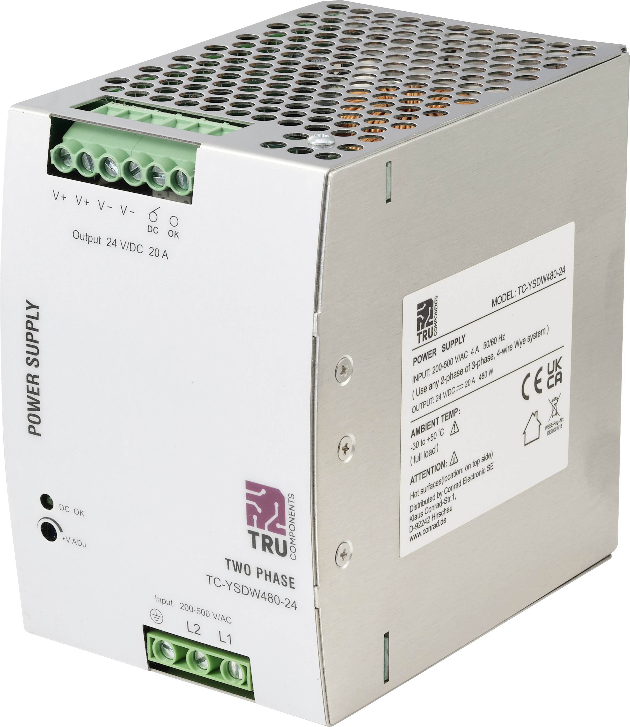 TRU COMPONENTS TC-14556832 napajanje za DIN-letev Poraba (stanje pripravljenosti) 7 W 24 V/DC 20 A 480 W Število izhodov:1 x Vsebina, količina, vsebina količinskih enot na prodajno enoto 1 kos