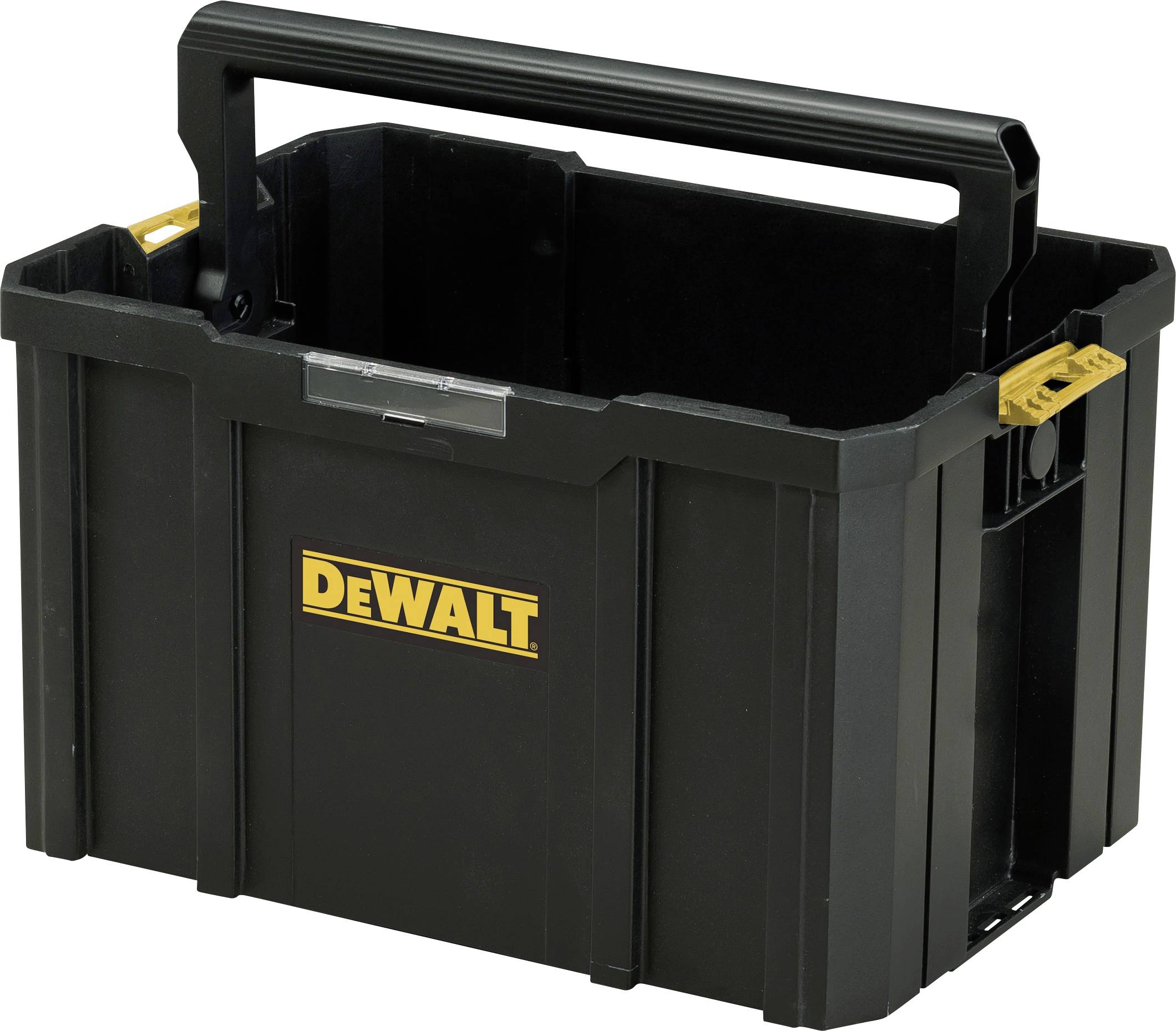 Črna plastična orodna skrinja s prenosno ročko in rumenim logotipom »DEWALT« na sprednji strani, namenjena shranjevanju orodja in opreme.