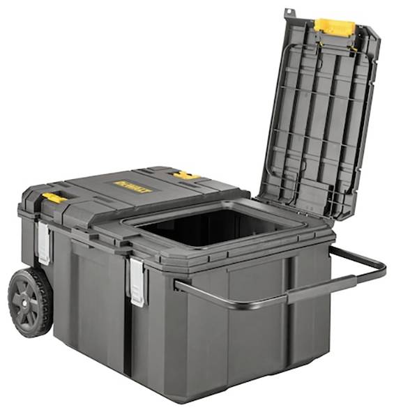 Črna, kolesasta orodjarna z odprtim pokrovom, ki prikazuje skladiščni prostor, z kovinskim ročajem in rumenim poudarkom.