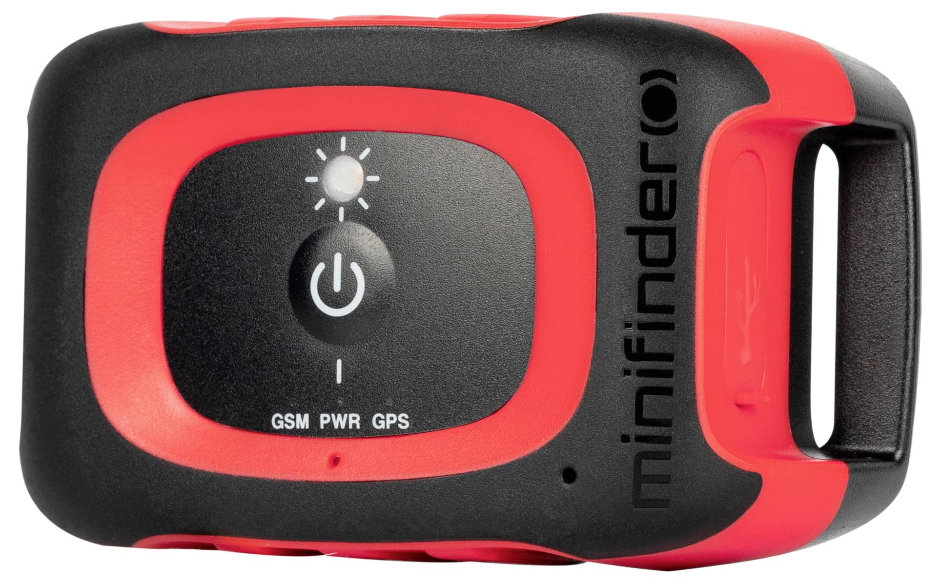Majhna črna in rdeča GPS naprava za sledenje z gumbom za vklapljanje v sredini, LED indikatorji za GSM, napajanje in GPS ter branding »minifinder« na strani.