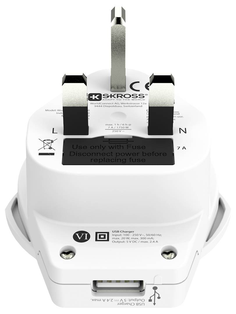 Univerzalni beli potni adapter s priključkom USB in tro-pinski vtič, s specifikacijami napetosti in opozorili o varnosti na površini.