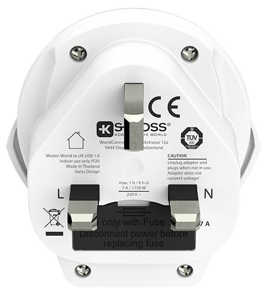 Na sliki je prikazana spodnja stran belega univerzalnega adapterja za električni vtič marke SKROSS z navedenimi specifikacijami in varnostnimi simboli.