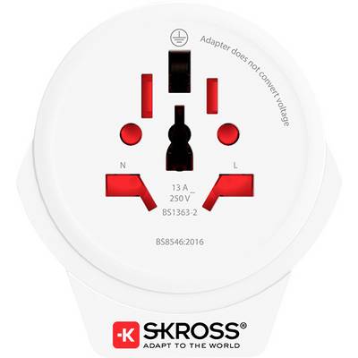 Univerzalni napajalnik 'SKROSS', bel z rdečimi vtičnicami, oznake '13A, 250V, BS1363-2'. Primeren za vse vrste globalnih vtikov.