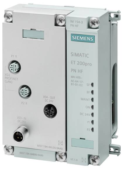 Siemensov modul SIMATIC ET 200pro PN HF s priključki, indikatorskimi lučmi in označbami. Primeren za industrijsko avtomatizacijo in omrežja PROFINET.