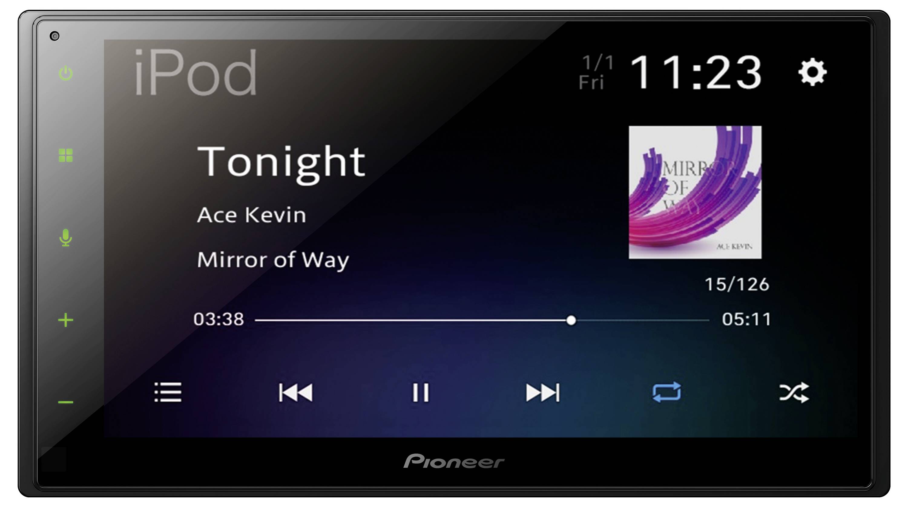 Zaslon avtomobilskega stereo sistema prikazuje pesem "Tonight" izvajalca Ace Kevin z albuma "Mirror of Way", ki se predvaja ob 3:38 od 5:11, skladba 15 od 126.