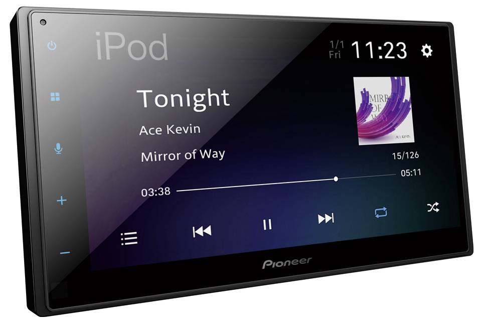 Pioneer večpredstavnostna avtomobilska konzola, ki prikazuje glasbeno skladbo 'Tonight' izvajalca Ace Kevin iz albuma 'Mirror of Way', z vidinimi kontrolami za predvajanje.