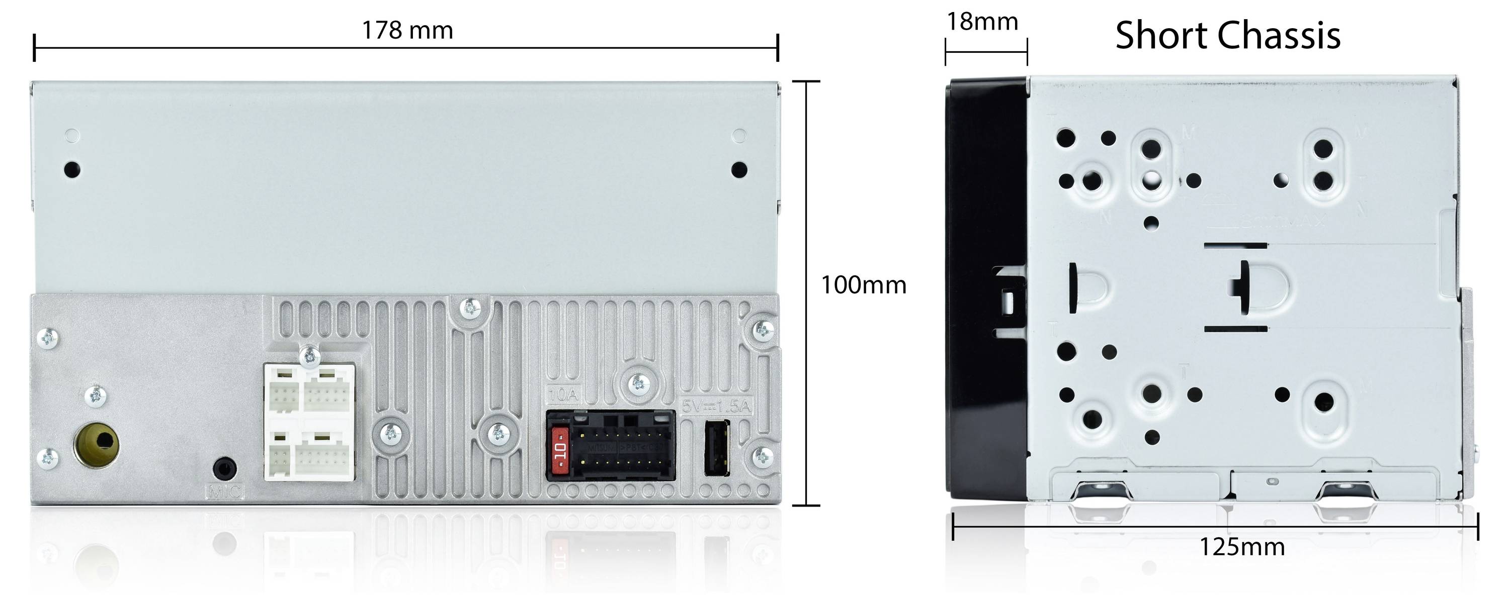 Dimenzije naprave 'Short Chassis': 178 mm (širina) x 100 mm (višina) x 125 mm (globina). Pogled od zadaj prikazuje povezovalce in vhode.