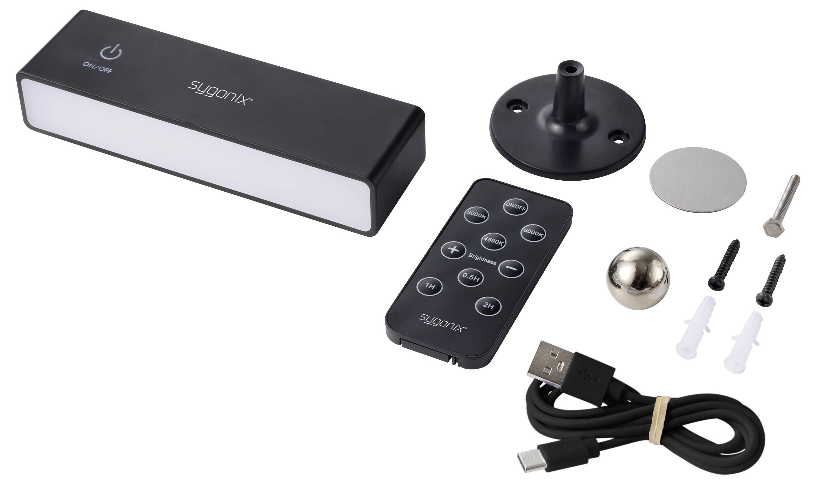 Brezžični komplet svetilk pod omarico z napolnjivo palično svetilko, daljinskim upravljačem, nastavitvenim podstavkom, kablom USB, vijaki, sidrni čepi in lepilni blazinici.