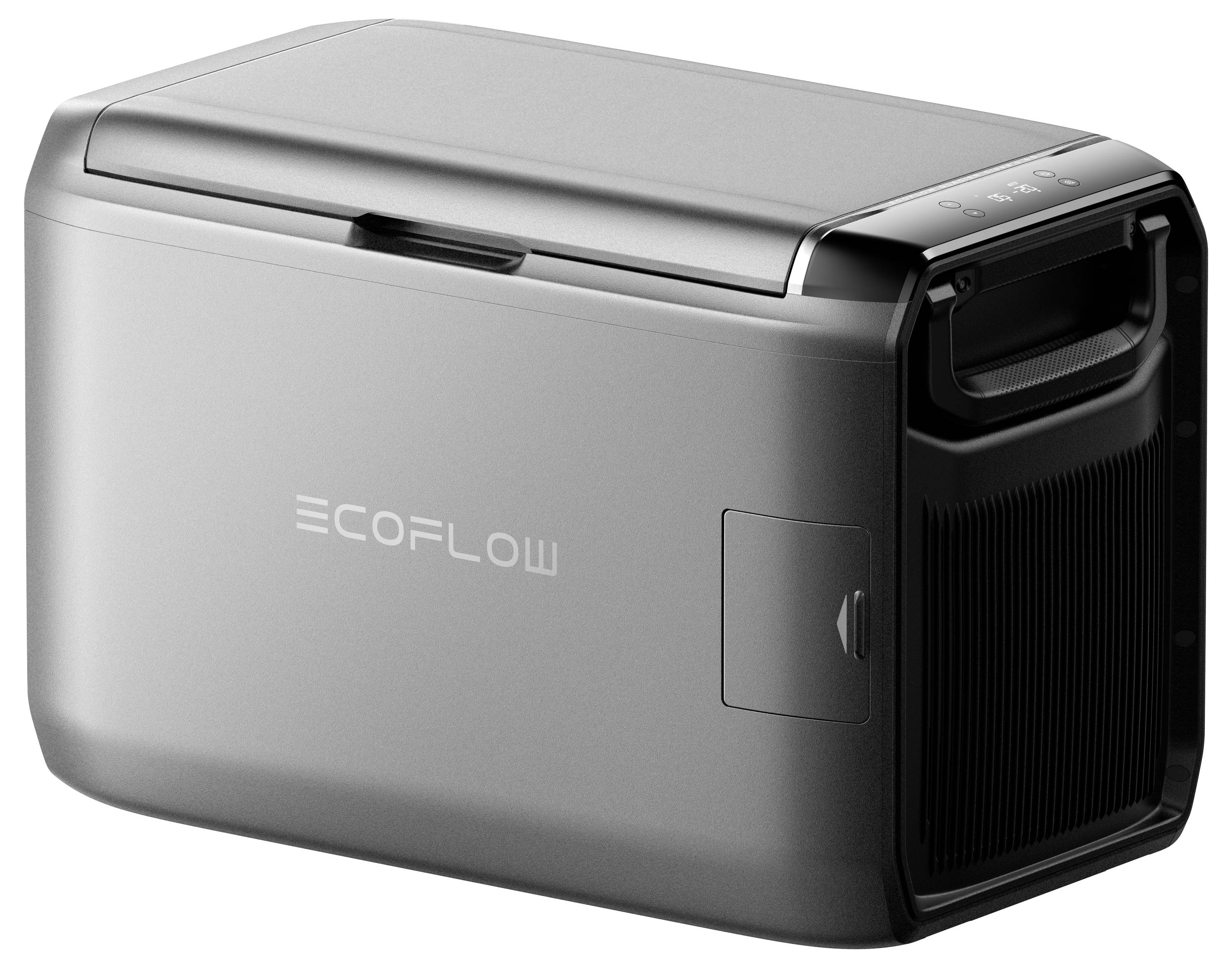 Prenosna hladilnika 'EcoFlow' v sivi barvi s čistim, pravokotnim oblikovalskim pristopom in ročajem na strani; videti je sodobna in kompaktna.