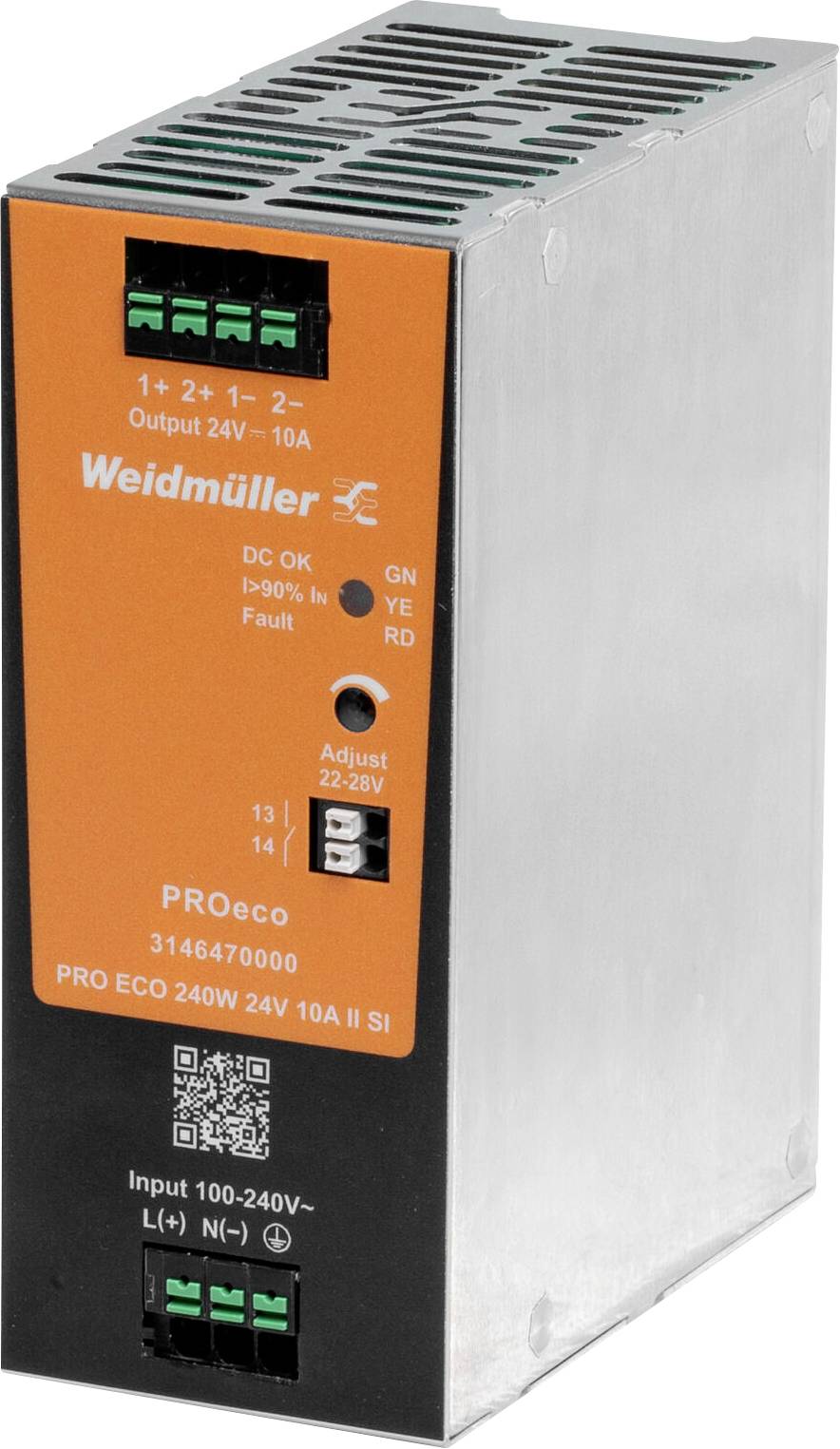 Industrijski modul napajanja, oranžne in sive barve, označen z napisom »Weidmüller PROeco«, izhod 24V, 10A. Vhod 100-240V AC. Indikatorji LED na sprednji strani.