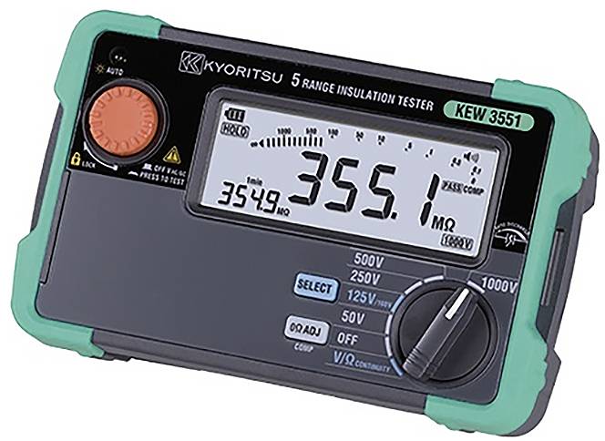 Tester izolacije 'Kyoritsu KEW 3551' prikazuje odčitek 355,1 MΩ, z nastavo 500V, številčnico, gumbi in digitalnim zaslonom.