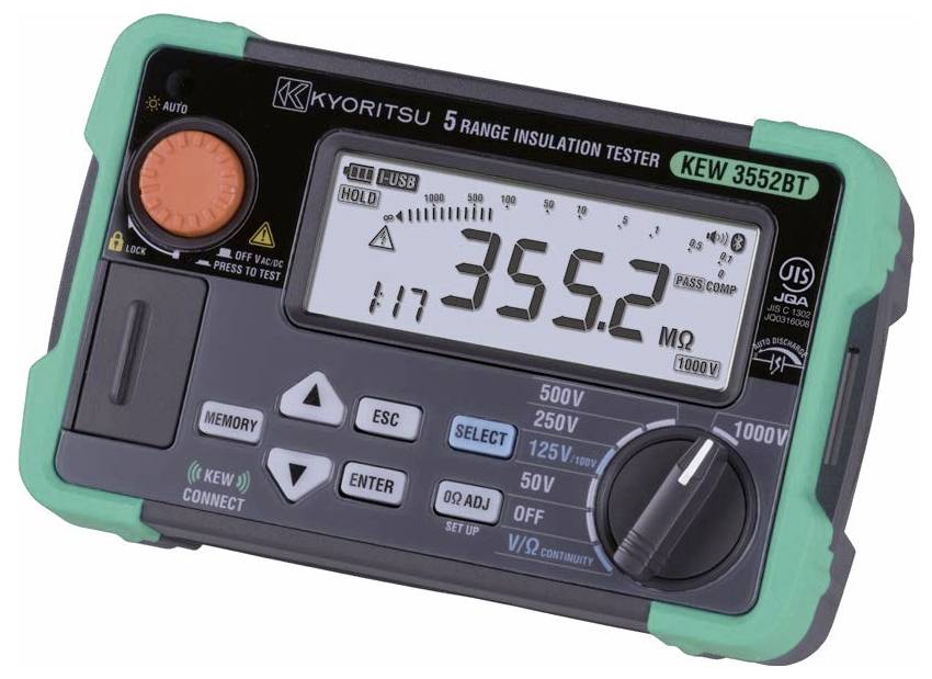 Digitalni tester izolacije, ki prikazuje odčitek 355,2 megaomov. Naprava ima različne gumbe in vrtljivo lestev za izbiro območja.