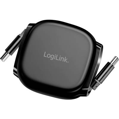 Kompakten, črn polnilni vmesnik LogiLink USB-C z dvema vsuvnima kabloma, postavljenima na obeh straneh, primeren za mobilne naprave.
