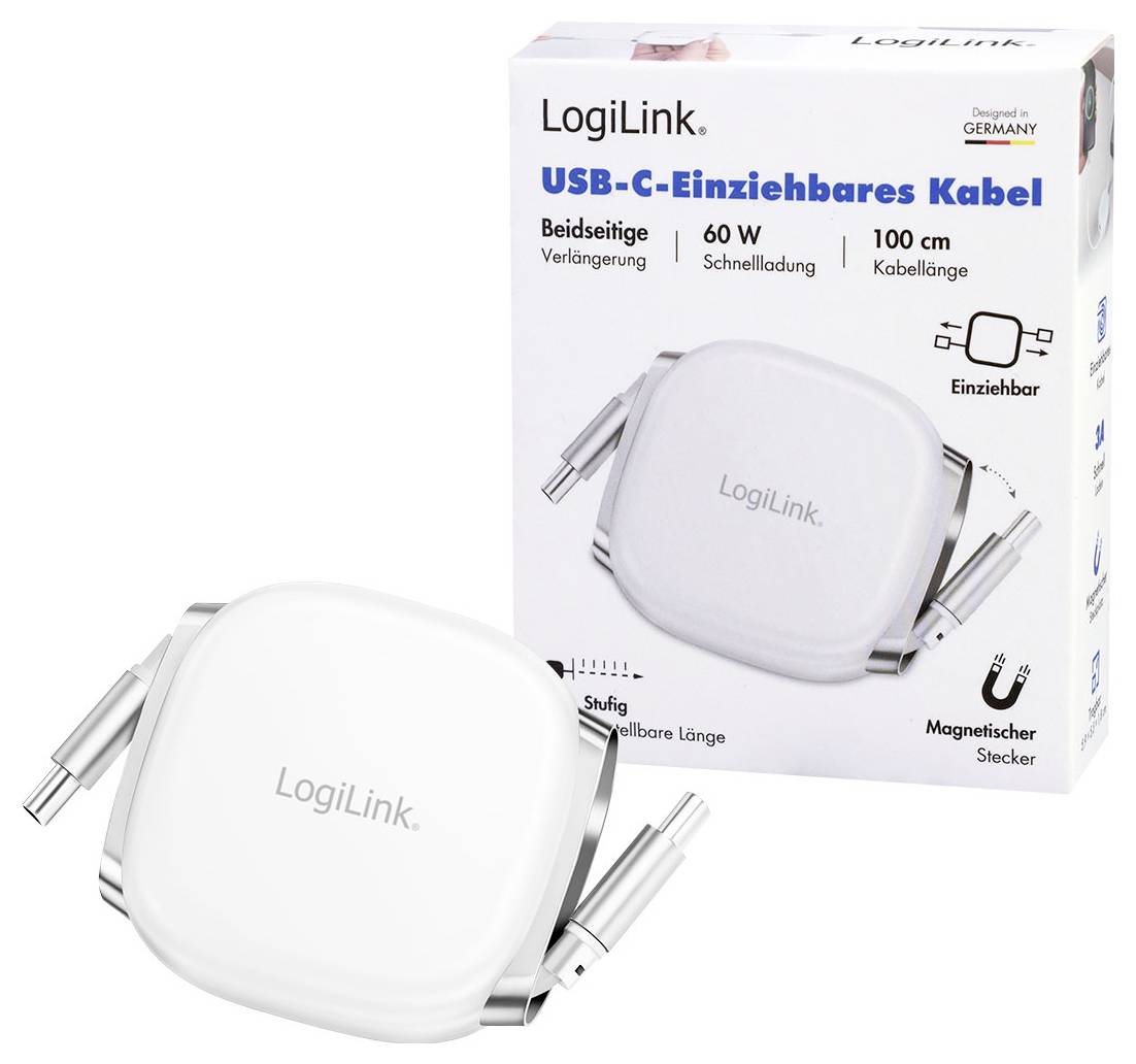 Kompakten USB-C vgradljiv kabel podjetja LogiLink s 60W hitrim polnjenjem, dolžino kabla 100 cm in magnetnim priključkom. Prikazana sta škatla in kabel.