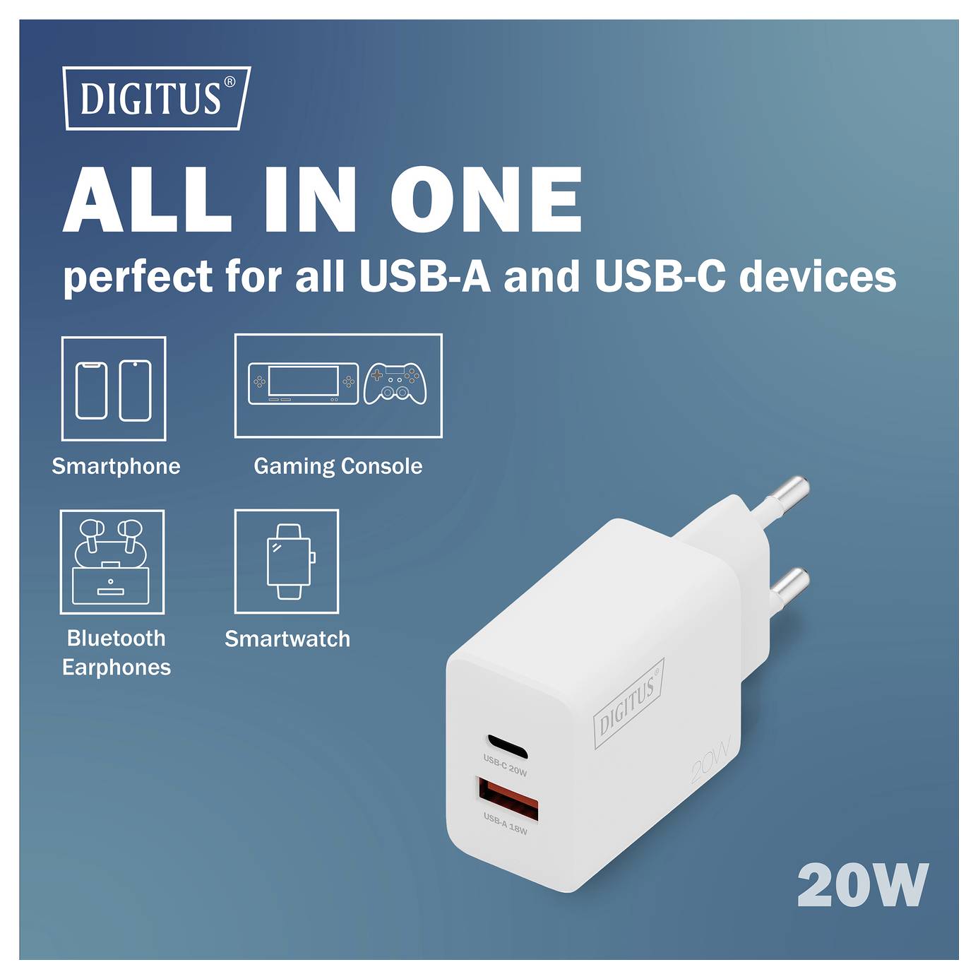 'Digitus' polnilnik; beli 20W adapter. Besedilo: 'VSE V ENEM, popoln za vse naprave USB-A in USB-C'. Ikone: pametni telefon, konzola, slušalke, pametna ura.