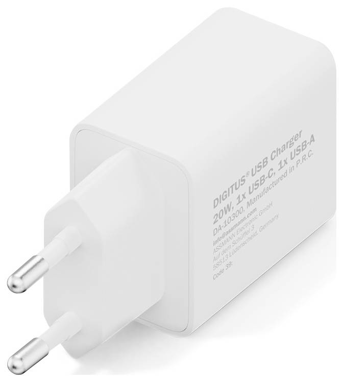 Bel USB polnilnik z evropskim vtičem, z vrati za USB-C in USB-A. Označen "DIGITUS USB polnilnik, 20W, DA10300."