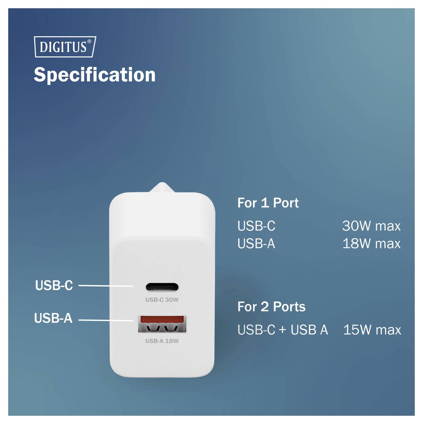 Stenski polnilnik z vrati USB-C in USB-A; USB-C: max 30W, USB-A: max 18W, oba: max 15W. Modra ozadje z besedilom "Digitus Specifikacija".
