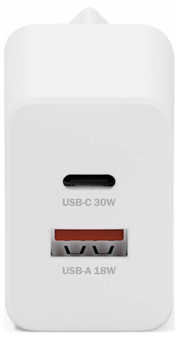 Bela stenska polnilna naprava z dvema vhoda: en vhod USB-C z oznako »USB-C 30W« in en vhod USB-A z oznako »USB-A 18W«.