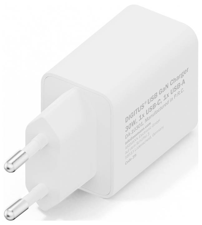 Bel USB GaN polnilnik z evropskim vtičem, z enim USB-C in enim USB-A vhodo. Besedilo na strani označuje 30W moč.