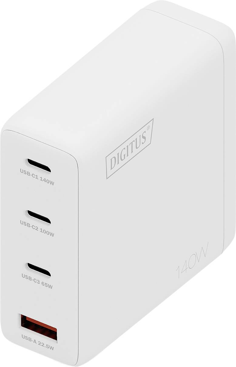 Bela polnilna naprava z oznako 'DIGITUS 140W' ima tri vhode USB-C in en vhod USB-A z različnimi izhodnimi mocmi.