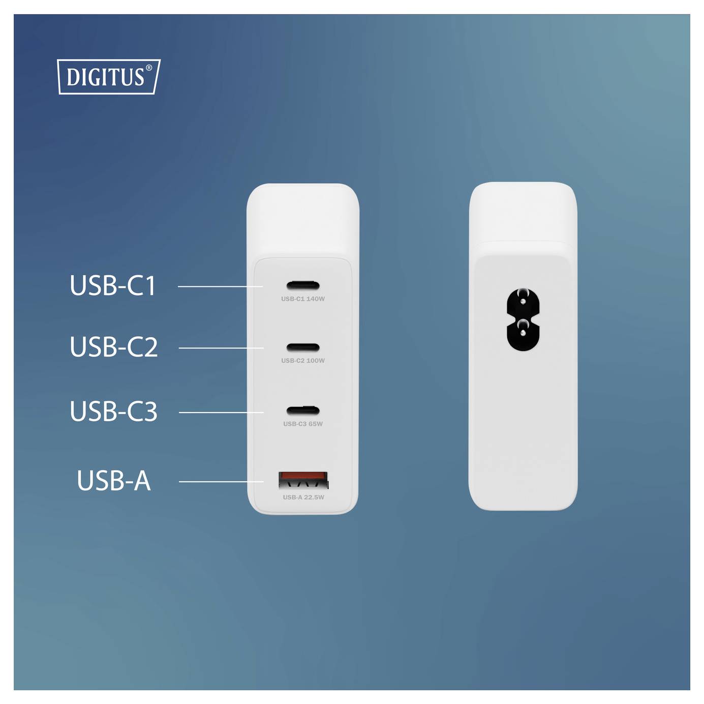Navpična bela polnilna postaja s tremi vrati USB-C in enim vratom USB-A, označenim z 'USB-C1', 'USB-C2', 'USB-C3' in 'USB-A'.