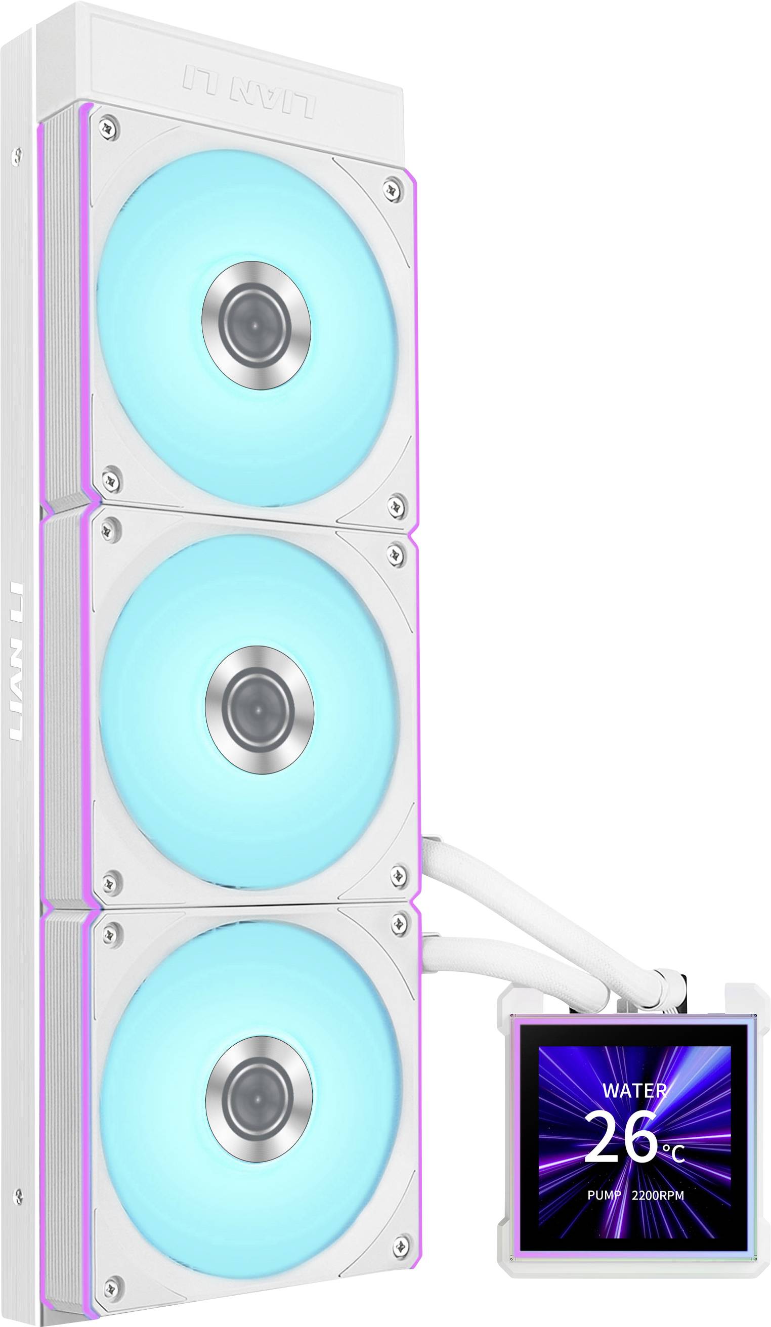 Beli sistem za hlajenje računalnika s tremi modro osvetljenimi ventilatorji in digitalnim prikazom, ki kaže "WATER 26°C" in hitrost ventilatorja v vrtljaji na minuto.