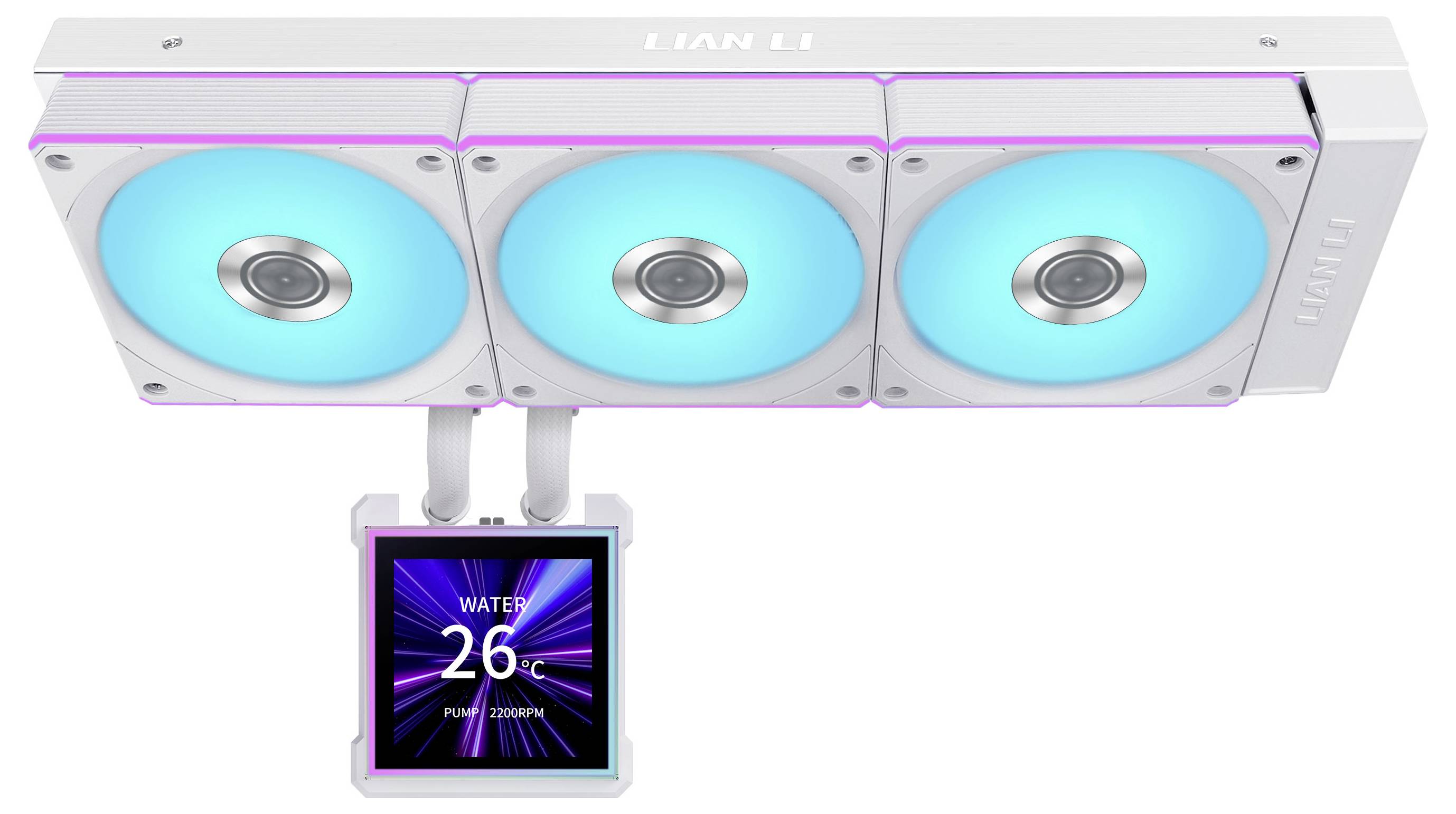 Belo računalniško hladilno sistemski 'LIAN LI' s tremi svetlobno modrimi ventilatorji in digitalnim zaslonom, ki prikazuje 'WATER 26°C FAN 2990RPM'.