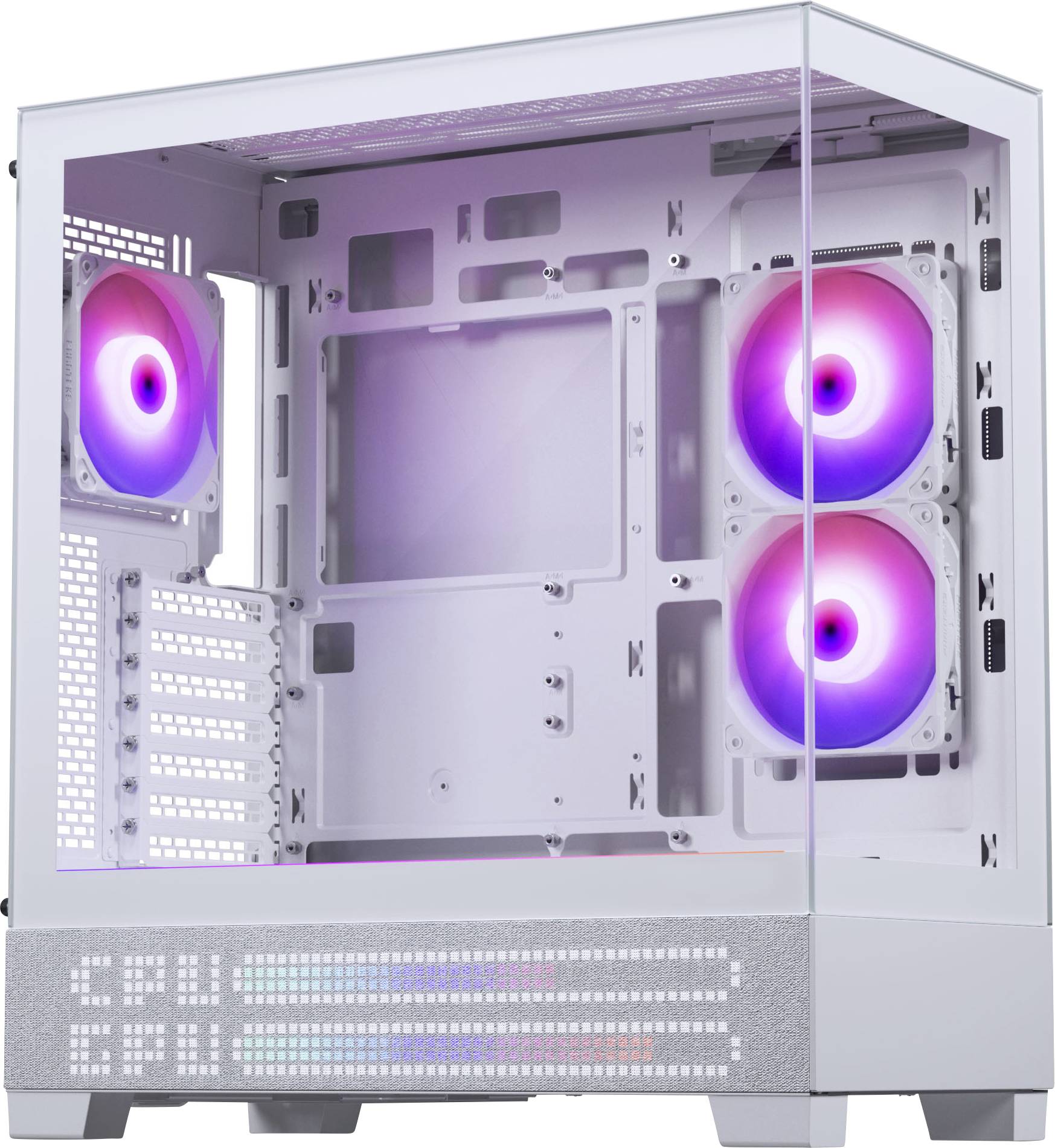 Belo ohišje za računalnik s steklenimi paneli, ki prikazuje tri RGB ventilatorje, ki svetijo v rožnati in vijolični barvi, zasnovano za navdušence nad gradnjo računalnikov.