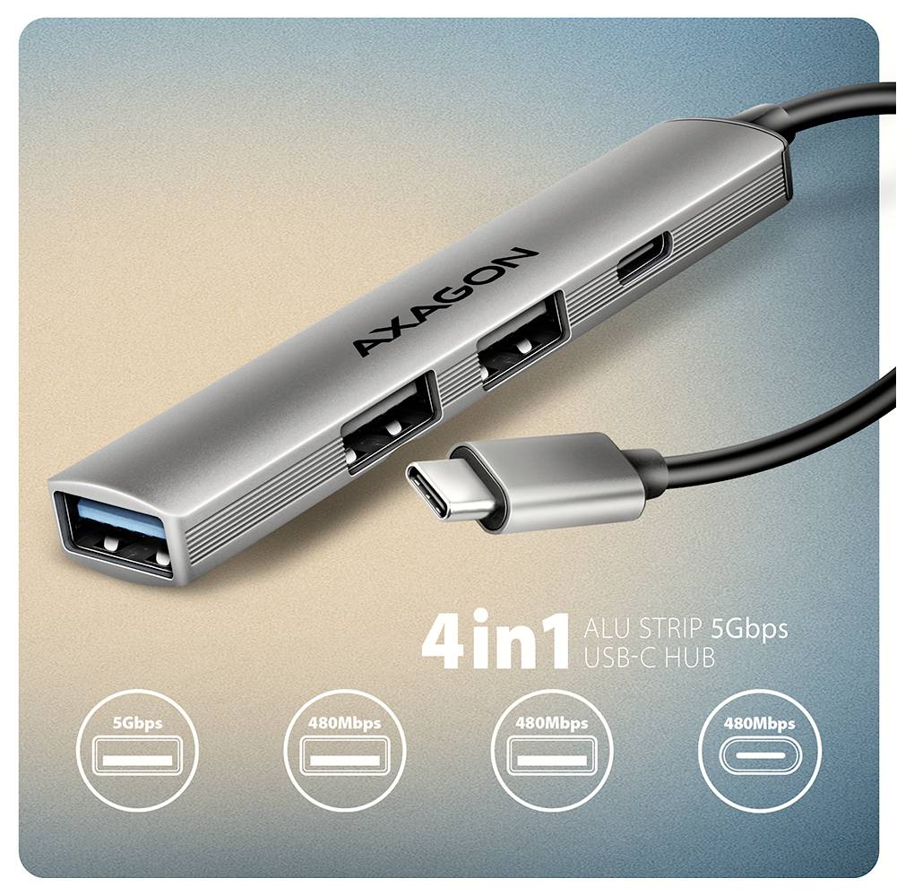 'Aluminijasti 4-v-1 USB-C hub AXAGON s hitrostjo 5 Gbps. Ima več USB vrat za izboljšano povezljivost.'