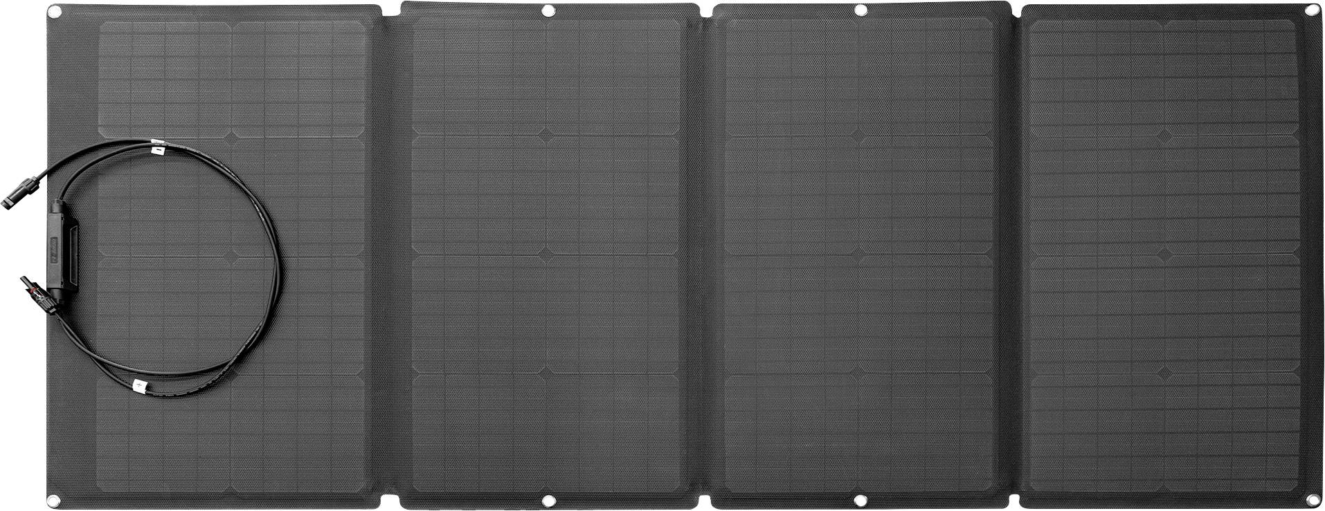Zložljiv solarni panel s štirimi segmenti in priloženimi kabli, namenjen prenosni generaciji sončne energije.