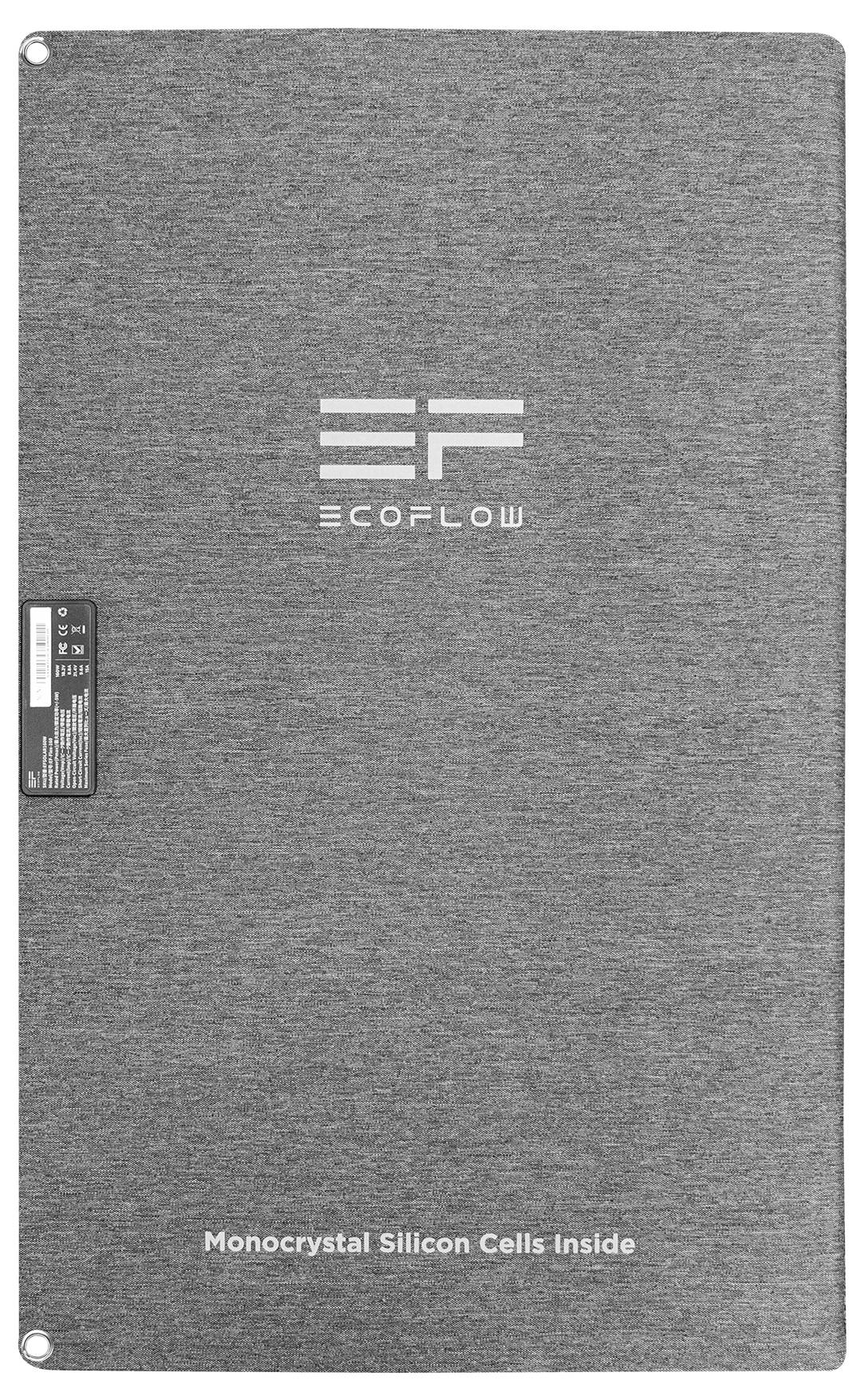 Logotip »EcoFlow« na teksturiranem sivem površju s tekstom »Monocrystal Silicon Cells Inside«.